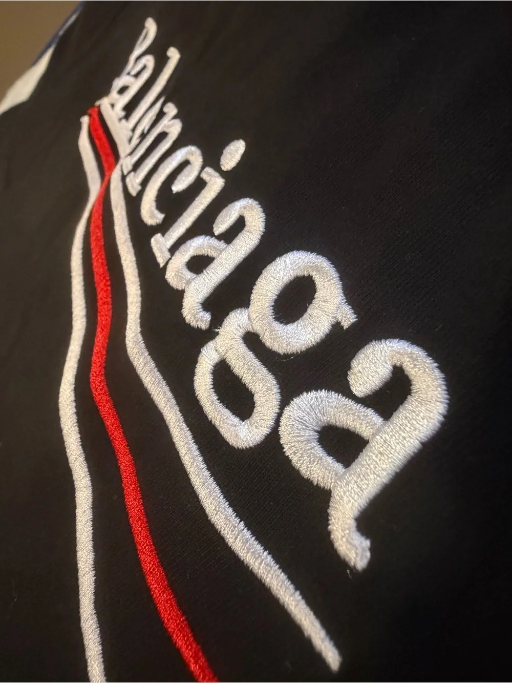 Balenciaga Black Short-Sleeve Logo Tee with Red & White Detail